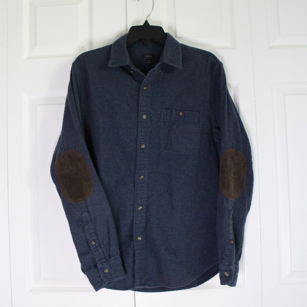 J Crew Blue Flannel Shirt Elbow Patches Long Sleeve Button Up Medium